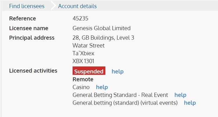 Genesis Global License Suspended